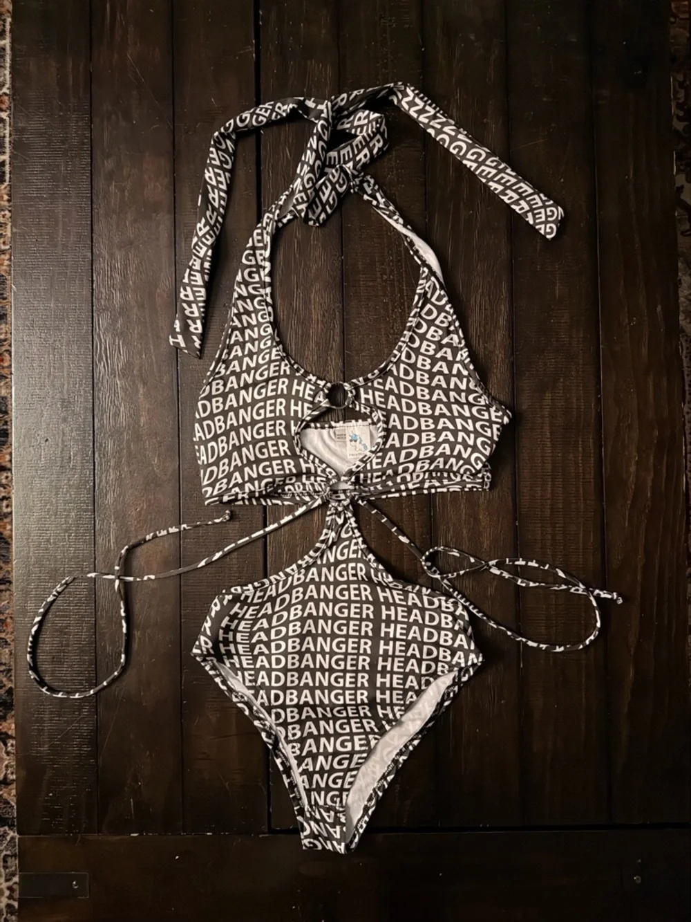 iHeartRaves “Headbanger” Cutout One-Piece Bodysuit / Swimsuit Black White - Picture 1 of 10